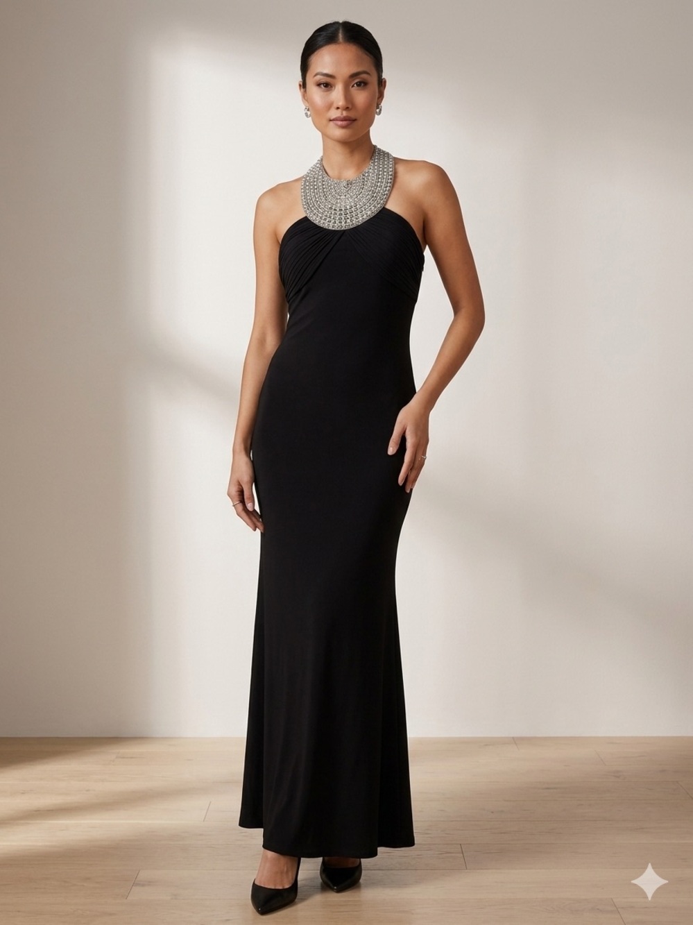 Elegant Black Halter Maxi Dress with Embellished Neckline